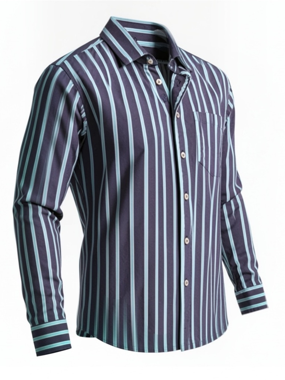 Bugatchi Men's Vertical Stripe Dress Shirt in Navy and Teal size Large